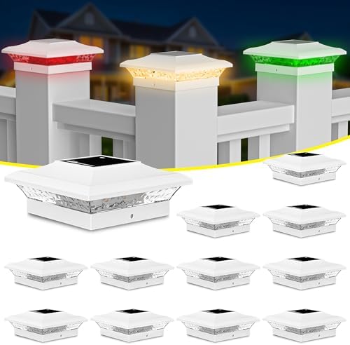 T-SUN Solar Post Cap Lights with Auto-Change Colors- for Vinyl/Wooden Posts Weatherproof Outdoor Solar Fence Post Lights for Deck, Porch, Garden & Stairs(12-Pack,RGB)