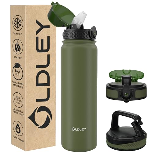 OLDLEY Botella de acero inoxidable con pajita de 1 L, botella aislada con 3 tapas, termo grande, a prueba de fugas, mantiene el calor y frío, para deportes, gimnasio, camping, bicicleta (verde oliva