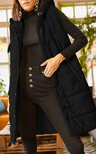 Grlasen Women's Long Quilted Puffer Vest Sleeveless Hooded Button Down Padded Coats Jacket Outerwear with Pockets4