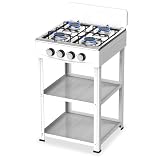 Fornello a Gas 4 Fuochi con Supporto e Ripiani – Cucina a Gas Freestanding in Acciaio, Piano Cottura con 4 Bruciatori, Design Salvaspazio per Interni ed Esterni (Bianco)