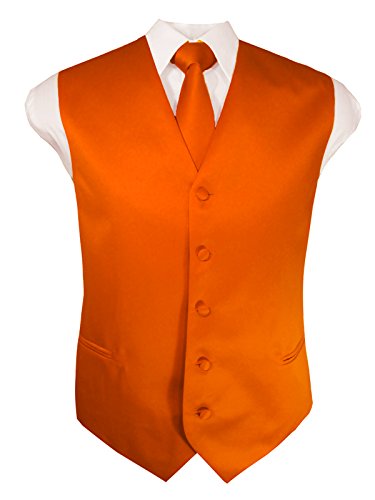 Guytalk Mens Solid Tuxedo Suit Vest, Tie And Hanky Set(30 Colors) Orange #TOP28