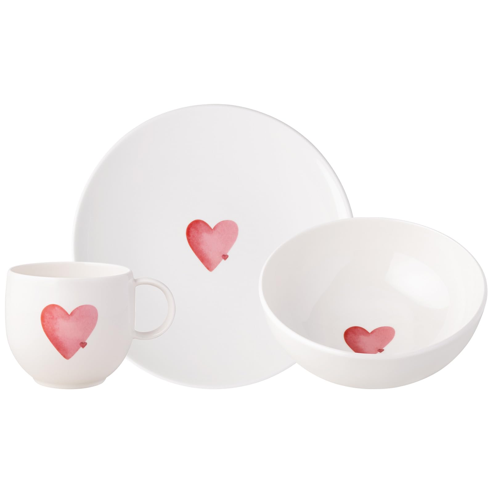 Villeroy & Boch With Love Frühstücks-Set Sending Love 3-teilig | Frühstücksteller (21 cm), Müslischale (17 cm) und Henkelbecher (290 ml) | Geschirr mit Herzchen-Motiv | Premium Porzellan