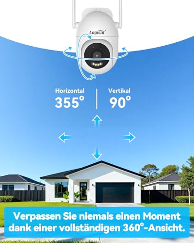 Logisfa 5MP PTZ Überwachungskamera Set Aussen, 10CH Videoüberwachung mit 4X 5MP 360° WLAN Kamera und 1TB HDD NVR für 24/7 Aufnahme, Automatische Verfolgung, Farbe Nachtsicht, 2-Wege Audio