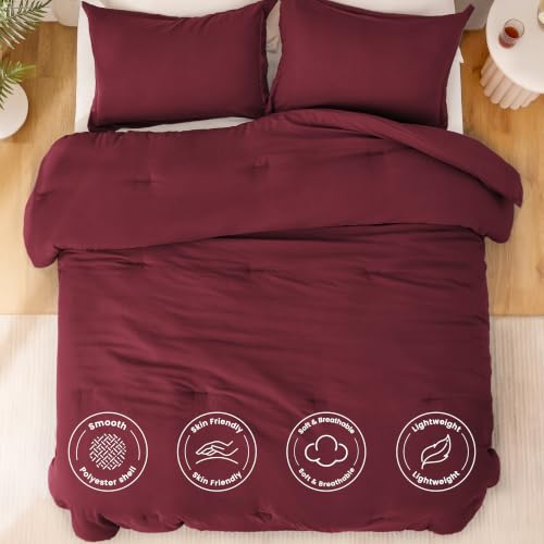 Image of Love's cabin Burgundy King Size Comforter Set, 3-Piece Prewashed Bed Set with 1 Comforter (104 x 90 in) & 2 Pillowcases, Lightweight & Breathable for All Seasons