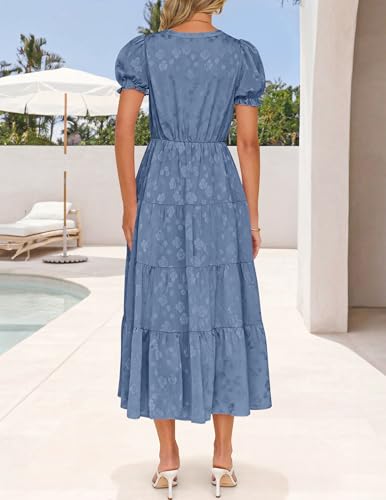 Image of ZESICA Womens Summer Floral Flowy Midi Dress 2026 Puff Short Sleeve V Neck Ruffle Tiered Beach Vacation Party Dresses
