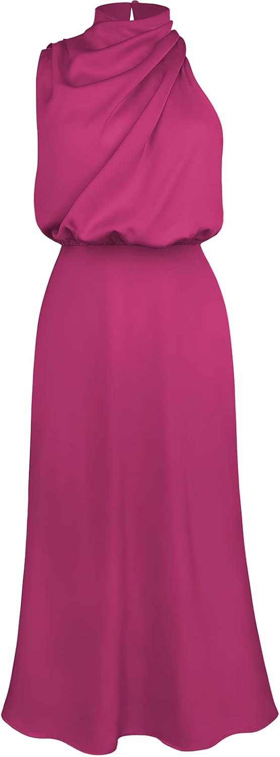 ebossy Women's Elegant Pile Collar Sleeveless Satin Celebrity Evening Party Maxi Dress - Image 4