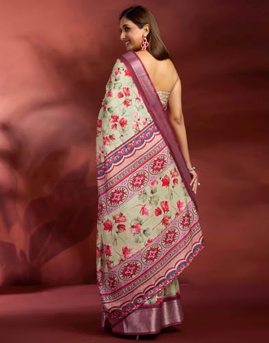 Image of SIRIL Women's Dola Silk Printed Jacquard Border Ready To Wear Saree with Unstitched Blouse Piece
