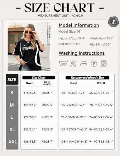 Xnova Tee Shirt Femme Col Rond Décontracté, Oversize T-Shirts Tops Coton Manches Courtes Imprimé De Lettres, Mode Ample Chemise Hauts Patchwork Confortables Streetwear Été (Noir, L) – vue 6
