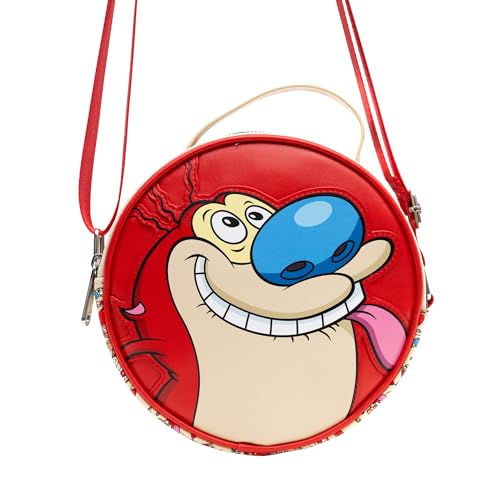 Nickelodeon Vegan Leather Round Crossbody Bag with Adjustable Straps, Ren and Stimpy Character Face Close Up Appliques, Red Beige2