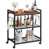 CHOEZON 3-Tier Rolling Bar Cart, Vintage Metal Kitchen Cart with Wheels, Mobile Storage Shelf, Rolling Microwave Stand with Mesh Shelves for Home Bar, Kitchen, Rustic Brown and Black TTC06BF