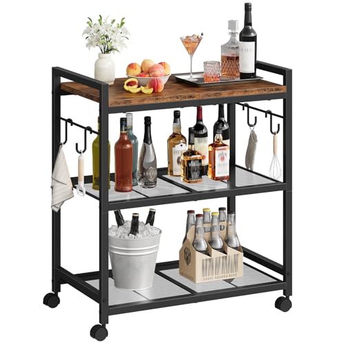 CHOEZON 3-Tier Rolling Bar Cart, Vintage Metal Kitchen Cart with Wheels, Mobile Storage Shelf, Rolling Microwave Stand with Mesh Shelves for Home Bar, Kitchen, Rustic Brown and Black TTC06BF