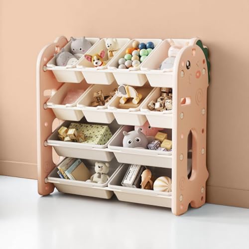 Image of oddpod Dino Baby hardlines Toy Organizer Storage Racks with Bins, Cute Cartoon Montessori Plastic Bookshelf for Children & Bedroom Shelf for Toys, Books, Clothes & Games - Pink (8+4 Bins)
