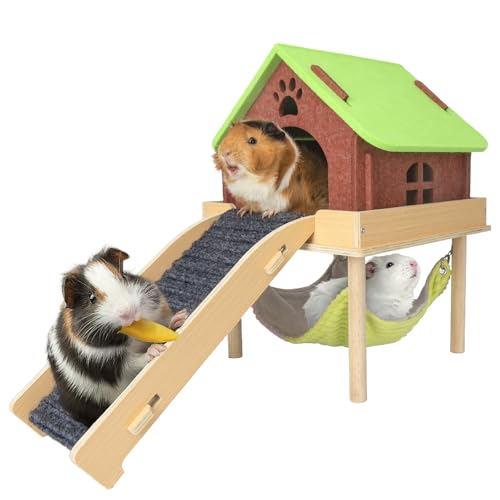 BESNEW 3 in 1 Enlarged Guinea Pig Hammock,Wooden Guinea Pig Hideout with House & Platform & Stairs Small Animal Toys for Hiding Sleeping Activities