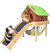 BESNEW 3 in 1 Enlarged Guinea Pig Hammock,Wooden Guinea Pig Hideout with House &amp; Platform &amp; Stair...