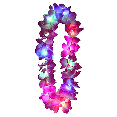 Adult Children LED Light Up Hawaii Flower Leis Garland Hula Luau Glow Wreath Necklace Birthday Party Wedding Decoration (Purple)