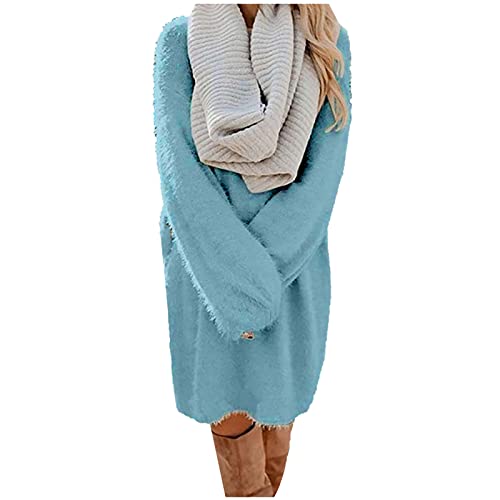 SHENYANGWA Plus Size Fall Winter Dresses Women Casual Crewneck Long Sleeve Solid Midi Dress Oversized Loose Comfy Short Dress Light Blue