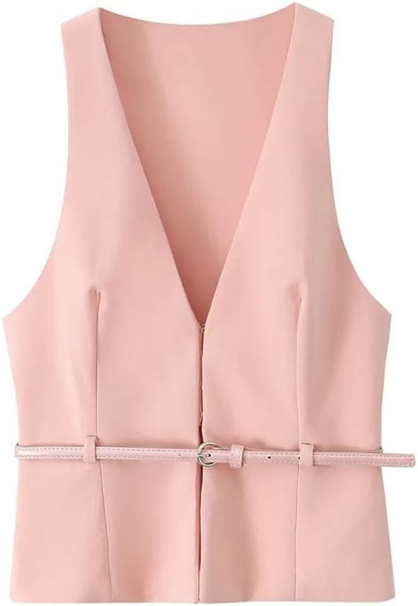 Women's Two-Piece Belted Vest Top Solid Color High Waist Shorts Set