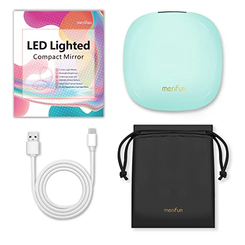 Merifun Compact Mirror With Light, Lighted Travel Makeup Mirror 1X/10X Magnifying- 2-Sided Light Strips- 3 Light Colors & Touch Screen Dimming, Magnetic Closing, Usb Charging (Aqua) #TOP6