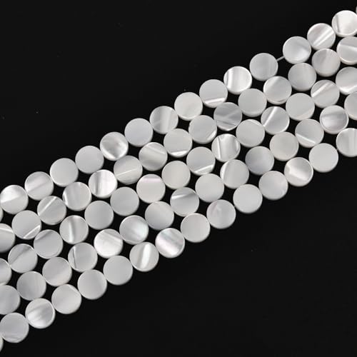 Image of HAAMIIQII Natural White Mother of Pearl Shell Beads 8mm Coin Shape Semi Precious Stone Loose Gemstone Beads for Jewelry Making Strand 15 Inch (45-47pcs)