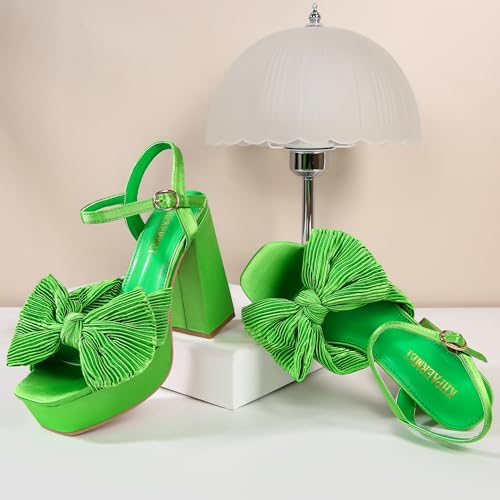 Image of KHPAERMEI Bow Knot Platform Heels for Women Chunky Heeled Sandals | Fashion Comfortable Open Toe Ankle Strap Block High Heels,Suitable for Wedding Party Dress Evening Prom Shoes