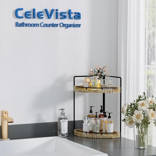 Image of Corner Bathroom Counter Organizer, 2 Tier Wood Vanity Storage, Waterproof Skincare Shelf for Kitchen & Toiletries Decor, Dresser (Rustic-2 Tier)