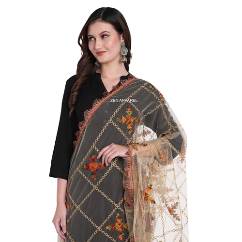 Image of ZEN APPAREL Women's Embroidered Net Dupatta with Lace Borders (Z-101) Premium Net Fabric Golden Aari Work
