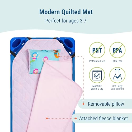 Image of Wildkin Modern Kids Nap Mat with Pillow for Girls - Soft & Cozy Cotton Blend, Elastic Straps, Toddler Sleep Mat for Daycare, Preschool, Kindergarten & Travel, Ages 3-7, Machine Washable - Mermaids