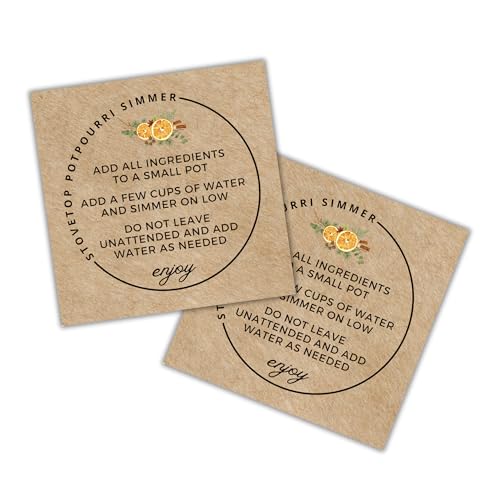 Stovetop Potpourri Instruction Label | 30 Pack 2.5x2.5 Square Card Brown Kraft Paper Christmas Holiday Hang Tag for Package Stove Top Simmer Home Scent Use with Glass Saucepan Stove-Top Steamer Pot