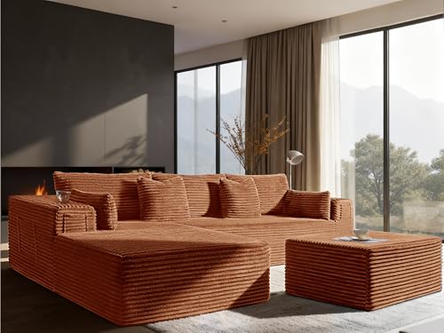 Image of 108 inch Cloud Sectional Couch, Comfort U Shaped Boneless Couch for Living Room, Extra Deep Seats No Assembly, Minimalist Modular Sofa, Corduroy (Deep Orange, 2 Seater+Left Facing Chaise+Ottoman)