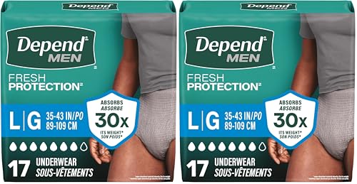 Depend FIT-Flex Incontinence Underwear for Men, Maximum Absorbency, Disposable, Large, Grey, 17 Count (Pack of 2)