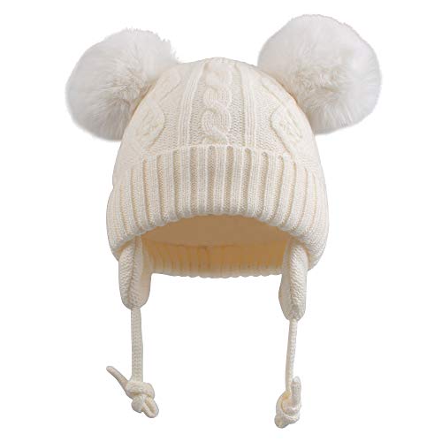 Jangannsa Cute Knitted Boys Girls Christmas Beanie Warm Earflap Winter Hat Infant Toddler Baby Beanie 0-6Y (S, White Pompom) #TOP1
