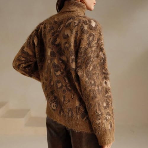 CHARTOU Women Fuzzy Leopard Knit Pullover Sweater Fall Winter Oversized Turtleneck Long Sleeve Jumper Tops4