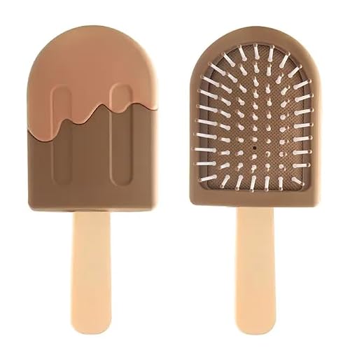 MINI DETANGLING BRUSH FOR GIRLS, KIDS & WOMEN, SOFT BRISTLES FOR CURLY & STRAIGHT HAIR, DRY WET, AIR CUSHION FOR PROTECTION & EASY TO CARRY, ICE CREAM SHAPED BRUSH A COOL DESIGN.