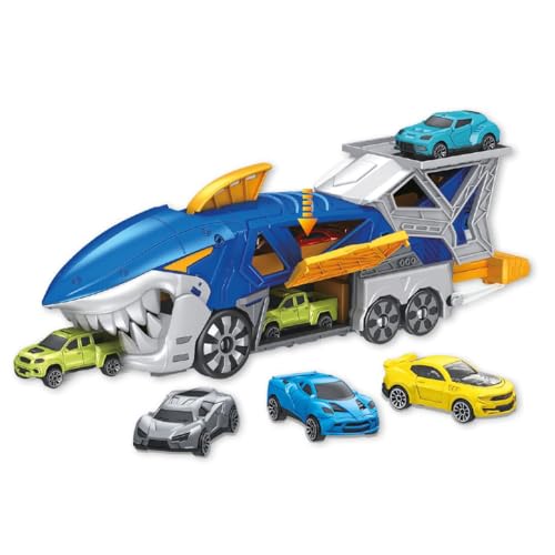 JUGATOYS - Camión Portacoches Tiburón - Transporte de Coches con Diseño de Tiburón, Expulsión y Almacenaje - Incluye 3 Coches de Juguete - Tamaño de 35 cm - Juguete para Niños +3 Años