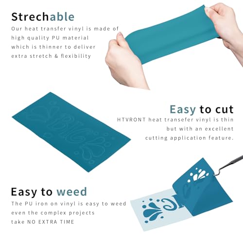 Image of HTVRONT Teal Heat Transfer Vinyl - 24 Pack 12 inchx12 inch Iron on Vinyl Sheets | Teal Iron on Vinyl Sheets for T-Shirt (1 PTFE Sheet Included), Teal PU HTV Vinyl Easy to Cut & Weed for Heat Vinyl Design