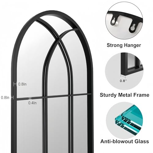 Image of Dewfig Arched Full Length Mirror, 71 inchx 32 inch Windowpane Floor Mirror, Black