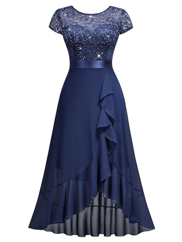 Image of Miusol Women's Scoop Neck Sequined Floral Lace Ruffle Wedding Party Dress | Sequin lace, scoop neck, cap sleeve, ruffle design dress for cocktail party, wedding and formal