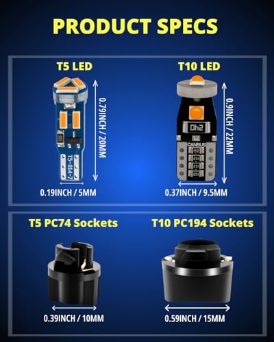 Image of WLJH 40-Pack T10 T5 LED Bulbs with Twist Sockets, 194 168 2825 74 37 W5W | 4014 SMD, 300lm, Polarity-Free, Dimmable, for Dash Instrument Cluster Lights, Dome Map License Plate Parking Lights, Yellow