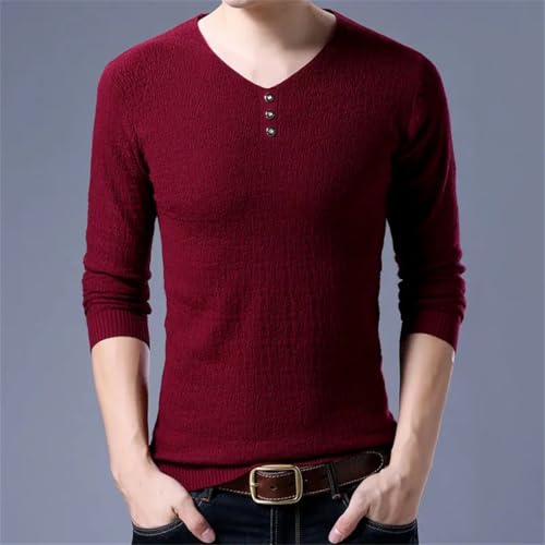 Men's V-Neck Knitted Sweater Slim Fit Button Design Casual Base Layer Pullover Top3