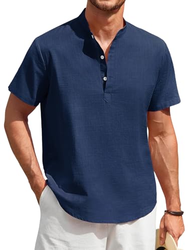 Enlision Camisa Hombre de Lino Algodón Verano Manga Corta Camisas Cuello Mao Hombre Azul Oscuro Casual Elegante Transpirable Suelta Camiseta Ibicenca con Tres Botones Tallas Grandes 3XL