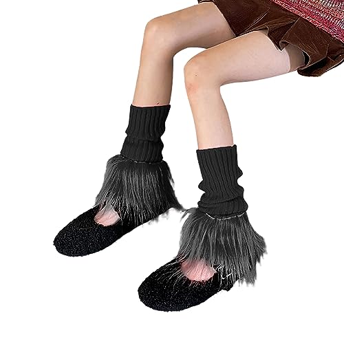 Image of Women Leg Warmer Girls Faux Fur Trim Knitted Leg Cover Lolita Winter Warm Long Socks Furry Boot Cuff