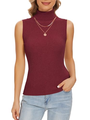Image of Sleeveless Turtlenecks Tops for Women Slim Fit Knit Sleeveless Vest | Lightweight Stretchy Turtleneck Sweater Women Business Casual Wear