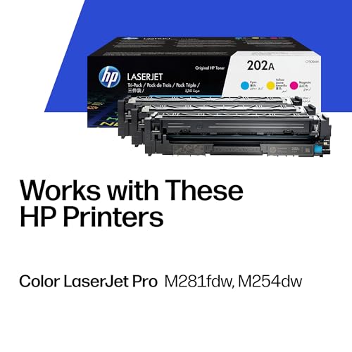 Image of HP 202A Cyan, Magenta, Yellow Toner Cartridges Printers (3-Pack) | Works with Color LaserJet Pro M254, Color LaserJet Pro MFP M281 Series | CF500AM