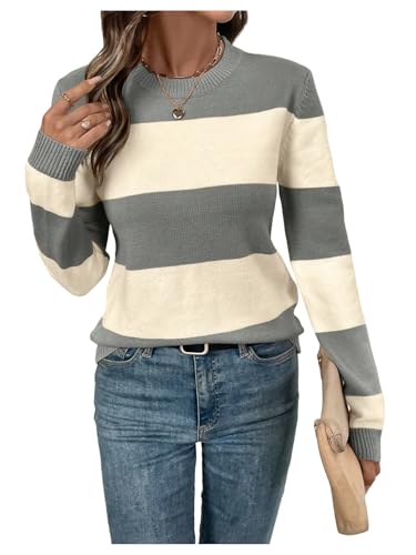 Verdusa Women's Colorblock Striped Sweater Crew Neck Pullover Knit Tops Daily Fall Clothes