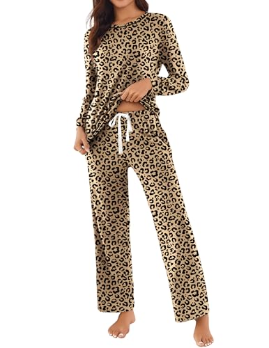Ekouaer Womens 2 Piece Pajama Set Long Sleeve PJs with Plaid Pants Drawstring Elastic Waist Sleepwear Lounge Set Brown Leopard M