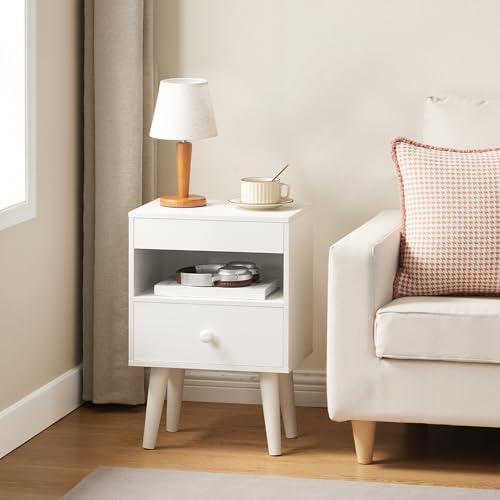 HOOBRO Mesita de Noche, Mesa Auxiliar con Bandeja Extraíble, Cajón de Tela no Tejida, para Sofá, Café, para Sala de Estar, Dormitorio, Blanco EWT191BZ01 - imagen 2