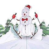 Paper Love Skiing Snowman Pop Up Christmas Card, Handmade 3D Popup Greeting Cards for Winter, Christmas, Holiday, Xmas Gift, All Occasion | 5' x 7'
