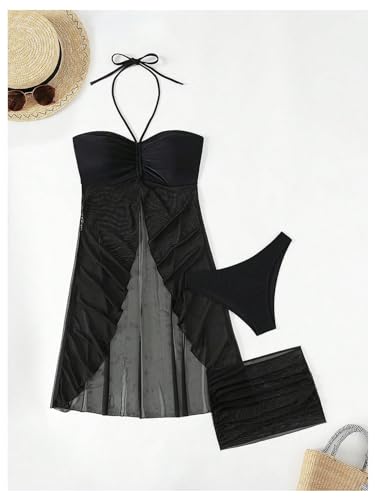 WDIRARA Women's 3 Piece Halter Smocked Swimsuit High Cut Bikini Set with Mesh Skirt3