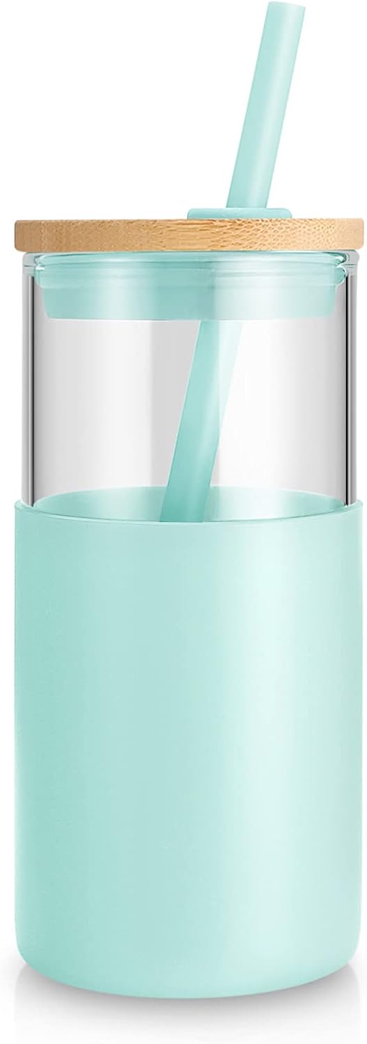 Tronco® 16 oz Glass Tumbler with Lids and Straw, Reusable Iced Coffee Cup & Smoothie Cup with Bamboo Lid, Silicone Sleeve, Dishwasher Safe, BPA-Free Borosilicate Glass, 1 Pack