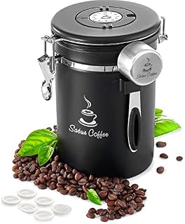 Coffee Canister Airtight Coffee Container - Stainless Steel Coffee Storage for Beans, Grounds, Tea, Sugar - Airtight Canister with Date Tracker, Scoop, CO2 Valve Filters, Large Coffee Jar 625g, Black